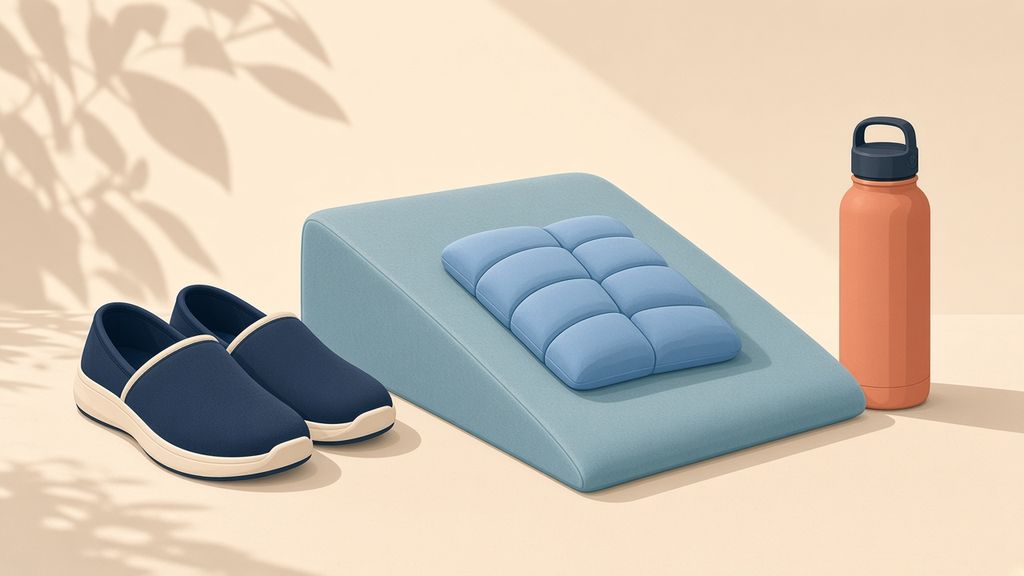 Illustration of roomy shoes, a foam leg wedge with a gel pack, and a water bottle