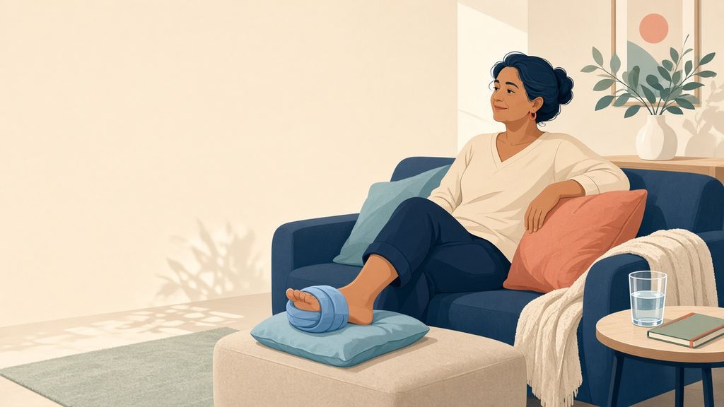 Illustration of a person resting on a sofa with a foot raised on a cushion, a cold pack on the foot, and a glass of water nearby