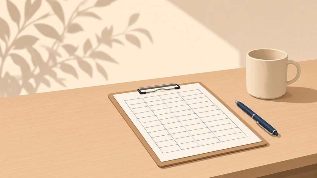 Illustration of a clipboard with a blank chart, a pen, and a mug, representing the printable flare tracker